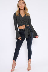 Black Stripe Wrap Over Tie Front Flare Sleeves Crop Top - Rabab-Tops