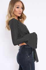 Black Stripe Wrap Over Tie Front Flare Sleeves Crop Top - Rabab-Tops