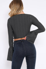 Black Stripe Wrap Over Tie Front Flare Sleeves Crop Top - Rabab-Tops