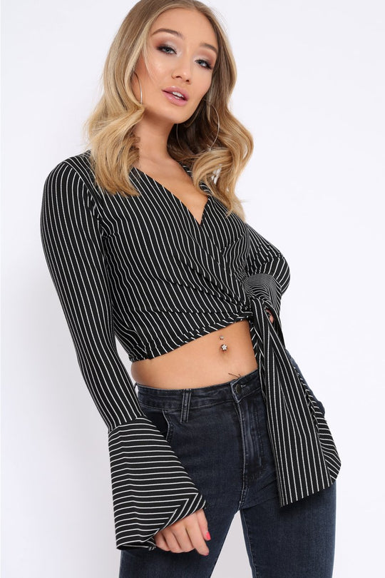 Black Stripe Wrap Over Tie Front Flare Sleeves Crop Top - Rabab