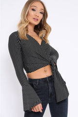 Black Stripe Wrap Over Tie Front Flare Sleeves Crop Top - Rabab-Tops