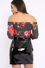 Black Stripe and Floral Bardot Crop Top - Suze-Crop Tops