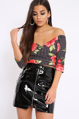 Black Stripe and Floral Bardot Crop Top - Suze-Crop Tops