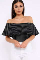 Black Striped Bardot Frill Bodysuit - Emmie-Bodysuits