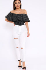 Black Striped Bardot Frill Bodysuit - Emmie-Bodysuits