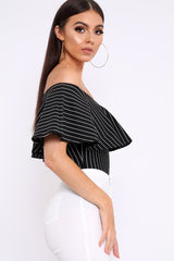 Black Striped Bardot Frill Bodysuit - Emmie-Bodysuits