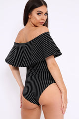 Black Striped Bardot Frill Bodysuit - Emmie-Bodysuits