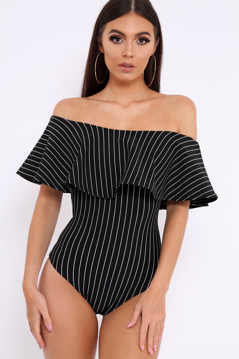 Black Striped Bardot Frill Bodysuit - Emmie-Bodysuits
