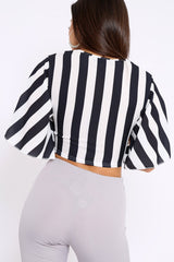 Black Striped Cut Out Tie Front Crop Top - Evelia-Crop Tops