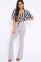 Black Striped Cut Out Tie Front Crop Top - Evelia-Crop Tops