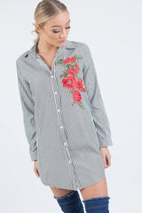 Black Striped Embroidered Oversized Shirt - Kaya-Dresses