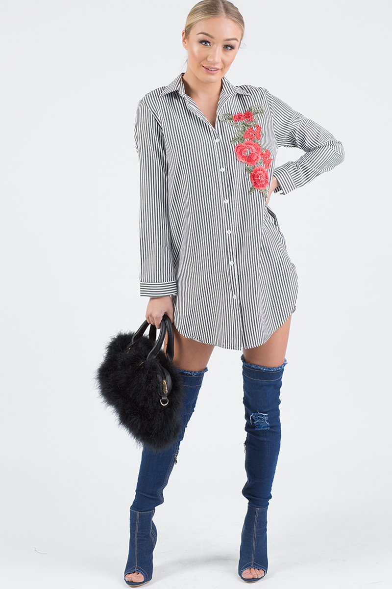 Black Striped Embroidered Oversized Shirt - Kaya-Dresses