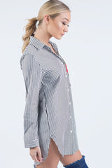Black Striped Embroidered Oversized Shirt - Kaya-Dresses