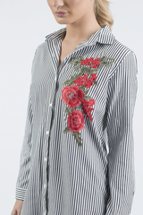 Black Striped Embroidered Oversized Shirt - Kaya-Dresses