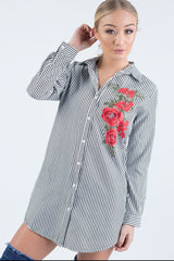 Black Striped Embroidered Oversized Shirt - Kaya-Dresses
