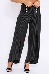 Black Striped High Waist Split Front Flare Trousers - Reana-Trousers