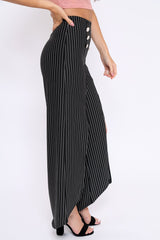 Black Striped High Waist Split Front Flare Trousers - Reana-Trousers