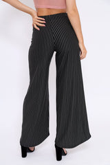 Black Striped High Waist Split Front Flare Trousers - Reana-Trousers