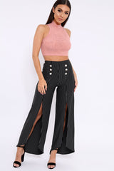 Black Striped High Waist Split Front Flare Trousers - Reana-Trousers