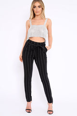Black Striped Long Wide Leg Trousers - Danniella-Trousers