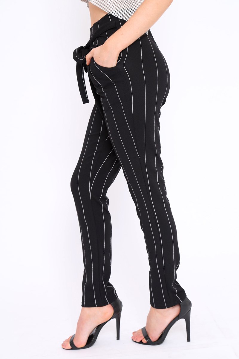 Black Striped Long Wide Leg Trousers - Danniella-Trousers