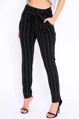Black Striped Long Wide Leg Trousers - Danniella-Trousers