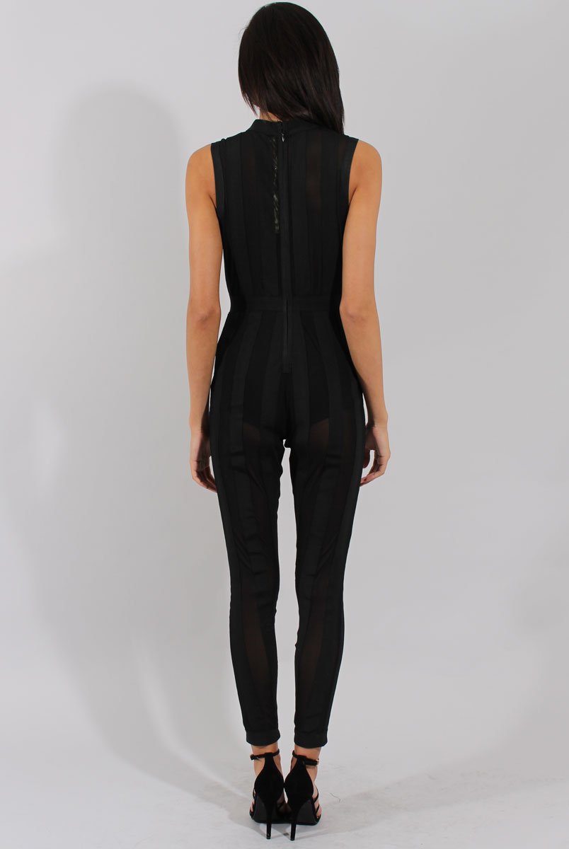 Black Striped Mesh Bandage Jumpsuit - Yara-Jumpsuits