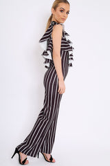 Black Striped One Shoulder Ruffle Jumpsuit - Shelley-Jumpsuits