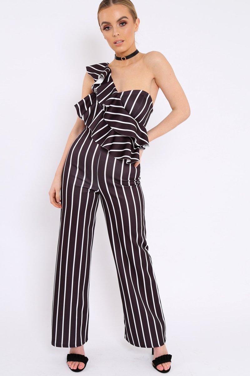 Black Striped One Shoulder Ruffle Jumpsuit - Shelley-Jumpsuits