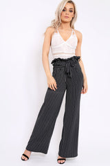Black Striped Paper Bag Tie Waist Wide Leg Trousers - Kennedy-Trousers