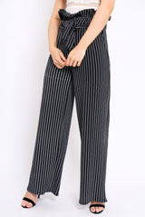 Black Striped Paper Bag Tie Waist Wide Leg Trousers - Kennedy-Trousers