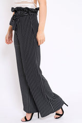 Black Striped Paper Bag Tie Waist Wide Leg Trousers - Kennedy-Trousers