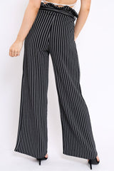 Black Striped Paper Bag Tie Waist Wide Leg Trousers - Kennedy-Trousers