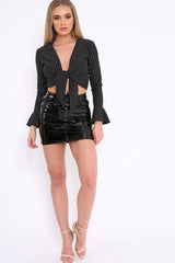 Black Striped Plunge Tie Front Flare Sleeve Crop Top - Aimi-Crop Tops