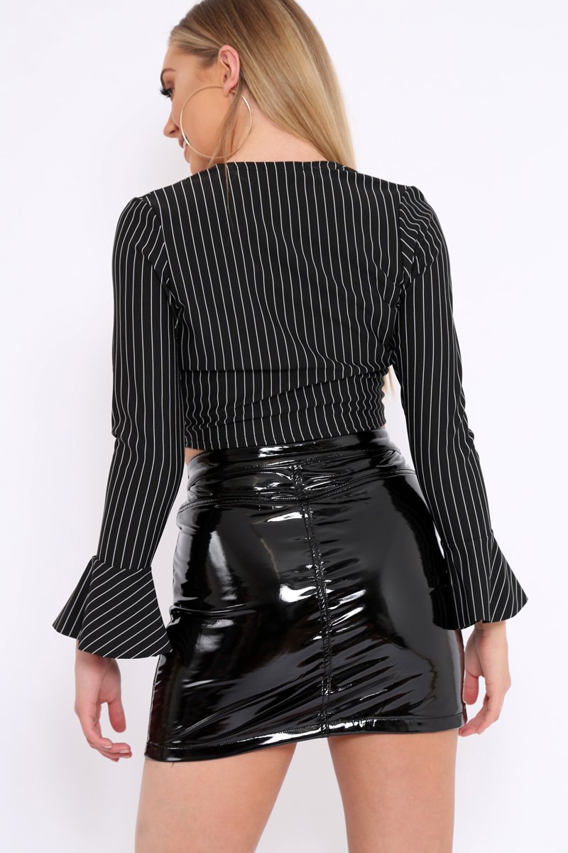 Black Striped Plunge Tie Front Flare Sleeve Crop Top - Aimi-Crop Tops