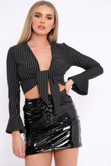 Black Striped Plunge Tie Front Flare Sleeve Crop Top - Aimi-Crop Tops