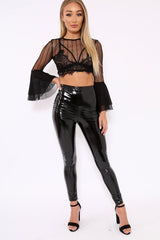 Black Striped Sheer Crop Top with Flare Sleeves - Kaisey-Crop Tops