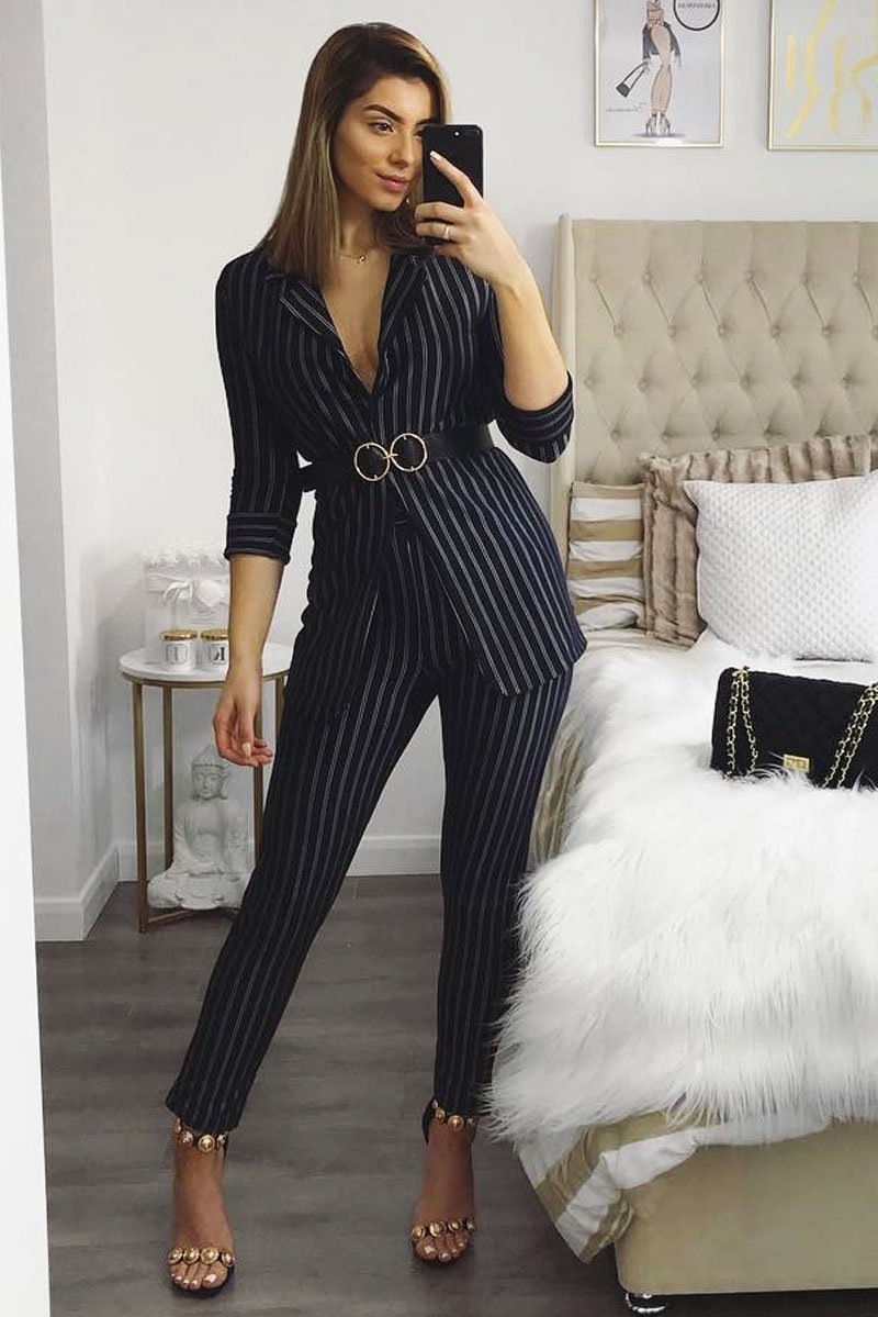 Black Striped Slim Fit Blazer- Meya-Jackets