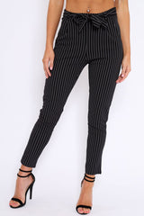 Black Striped Tie Waist Cigarette Trousers - Candice-Trousers