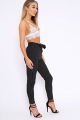 Black Striped Tie Waist Cigarette Trousers - Candice-Trousers