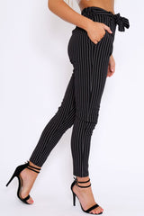 Black Striped Tie Waist Cigarette Trousers - Candice-Trousers