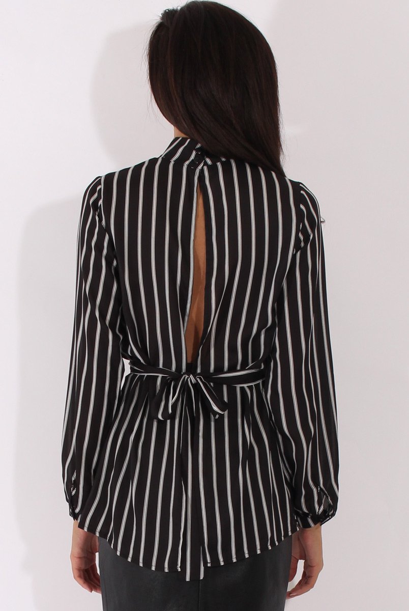 Black Striped Tie Waist Open Back Shirt - Carina-Shirts