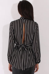Black Striped Tie Waist Open Back Shirt - Carina-Shirts
