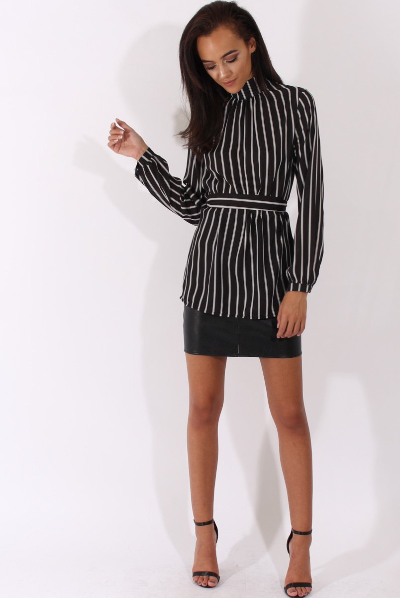Black Striped Tie Waist Open Back Shirt - Carina-Shirts