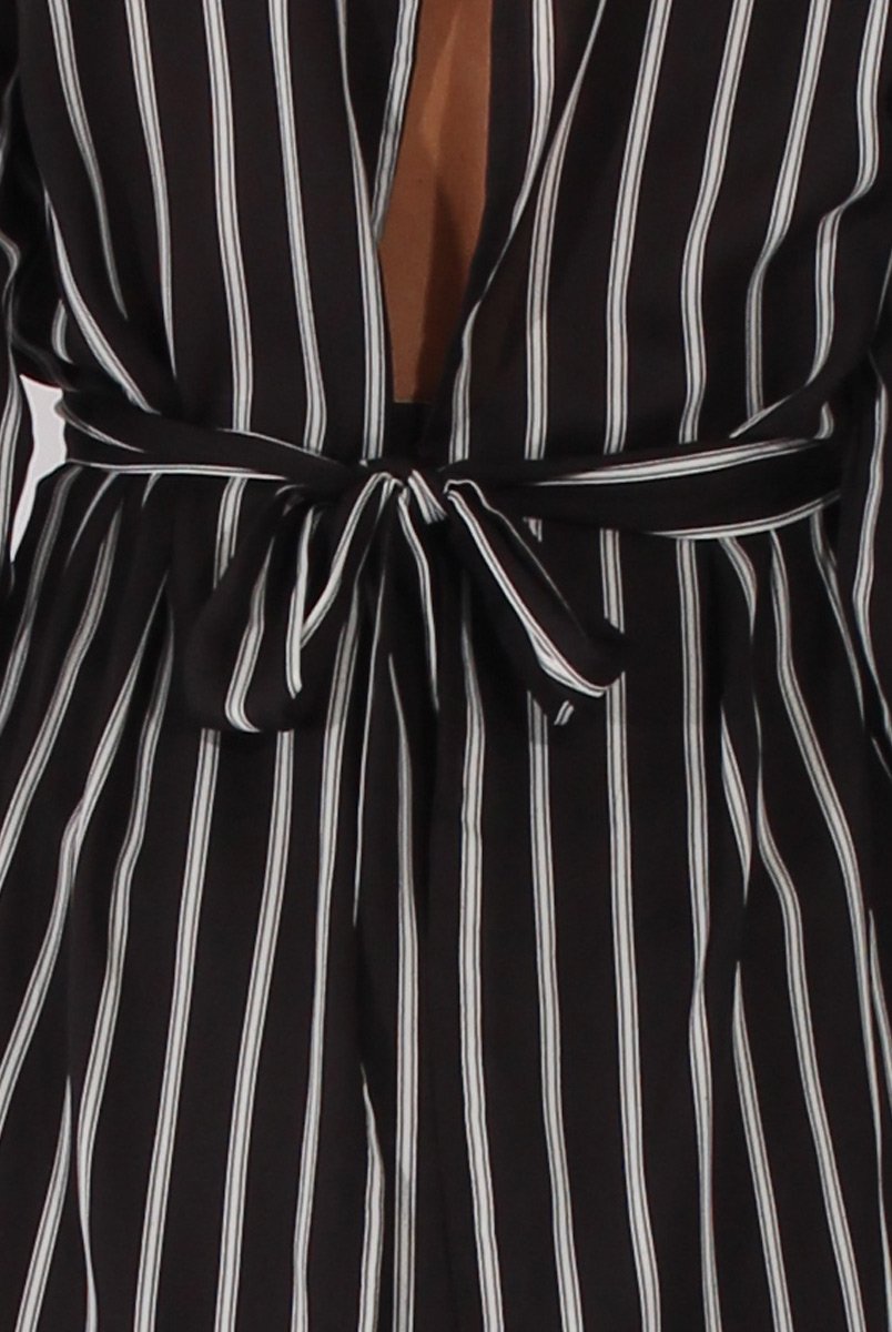 Black Striped Tie Waist Open Back Shirt - Carina-Shirts