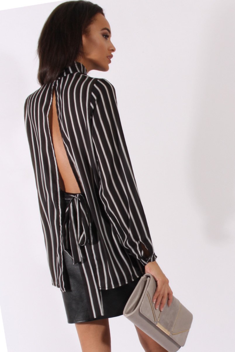 Black Striped Tie Waist Open Back Shirt - Carina-Shirts