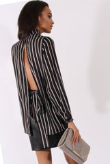Black Striped Tie Waist Open Back Shirt - Carina-Shirts