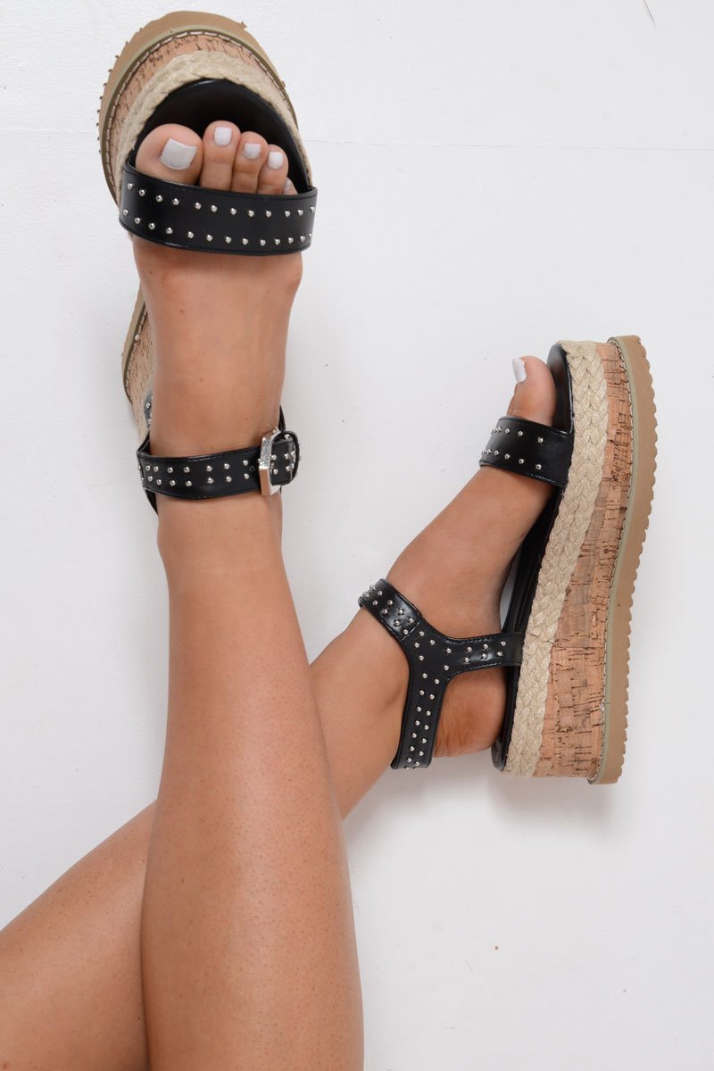 Black Stud PU Wedges - Neive-Shoes