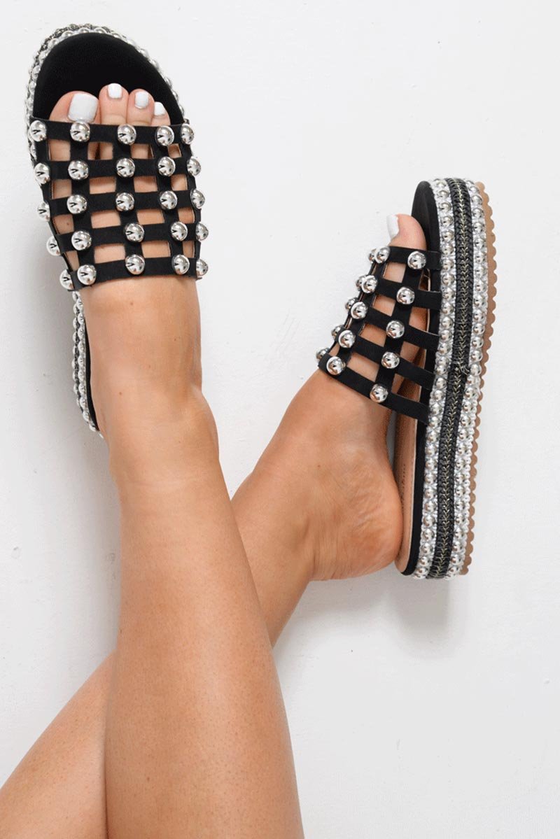 Black Studded Cage Platform Sandals - Presli-Sliders