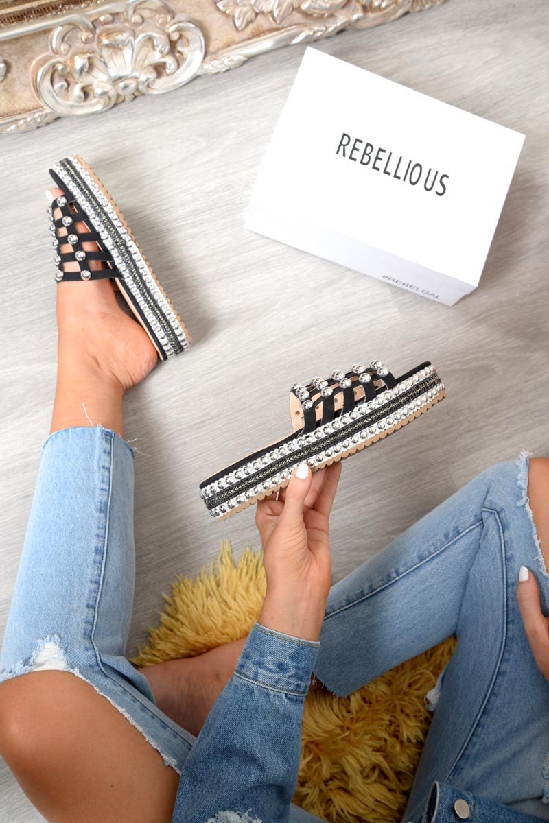 Black Studded Cage Platform Sandals - Presli-Sliders